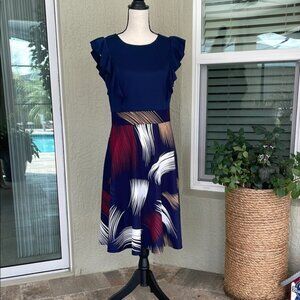 Blue and White Fit and Flare Midi Dress Sleeveless